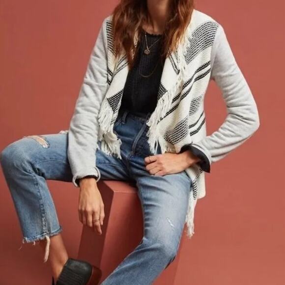 Anthropologie Dolan Sonia Fringe Stripe Open Fringe Knit Blanket Cardigan Size L - Picture 1 of 12